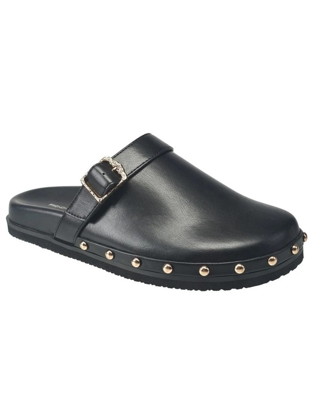 French Connection Women's Black Studded Mule with Gold Buckle